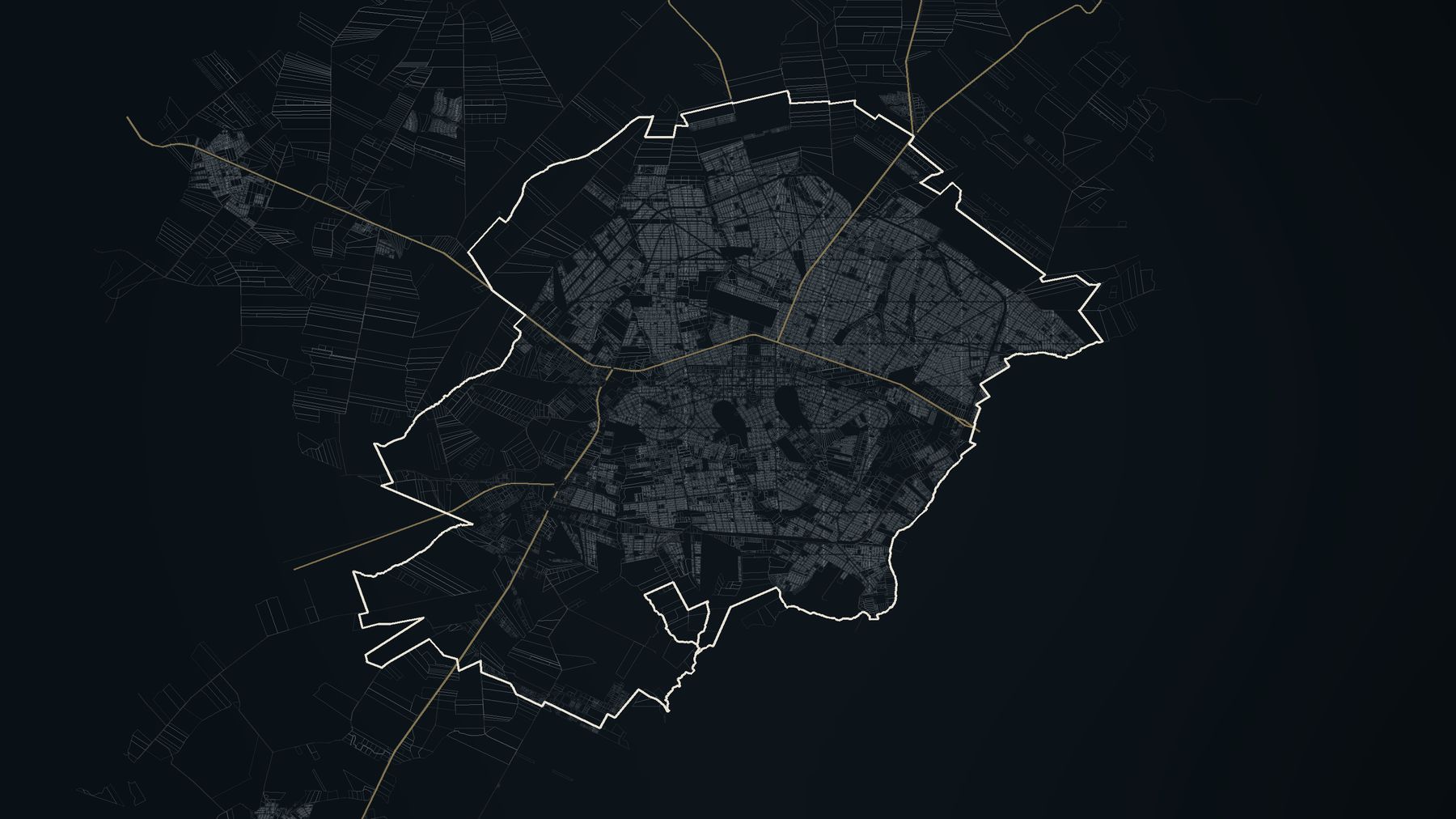 Malha urbana de Maringá desenhada em traço fino, com o perímetro da cidade e as rodovias