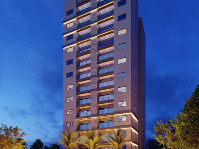 Fachada iluminada do Vind Residence, apartamento à venda em Maringá